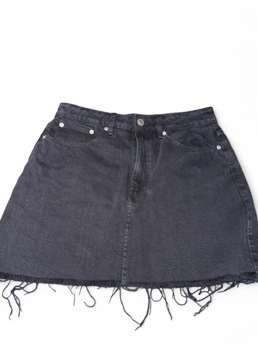 Zara Black Washed Denim A-Line Skirt with Frayed Hem
